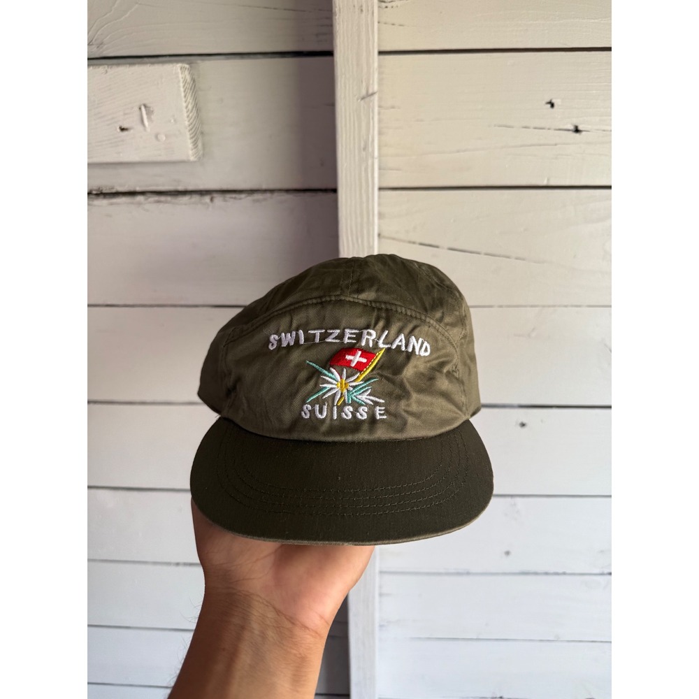 Switzerland Suisse Souvenir Hat Olive Green 5 Panel Elastic Back Embroidered Cap